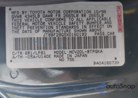 1999 Lexus Es 300 z USA, uszkodzony, nr VIN JT8BF28G5X0160193